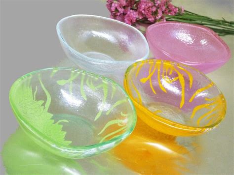 small glass dessert bowls with vibrant floral design in bright colors