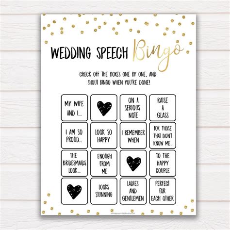 Wedding Speech Bingo Game Instant Download 10x Sheets Etsy