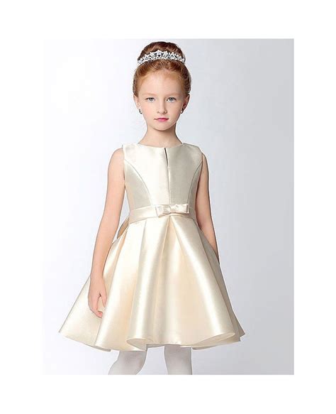 Simple Satin Short Champagne Flower Girl Dress With Bow