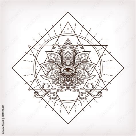 Vector Ornamental Lotus Flower Sacred Geometry Eye Hand Drawn Stock