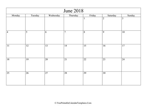 Blank Editable June Calendar 2018 Landscape