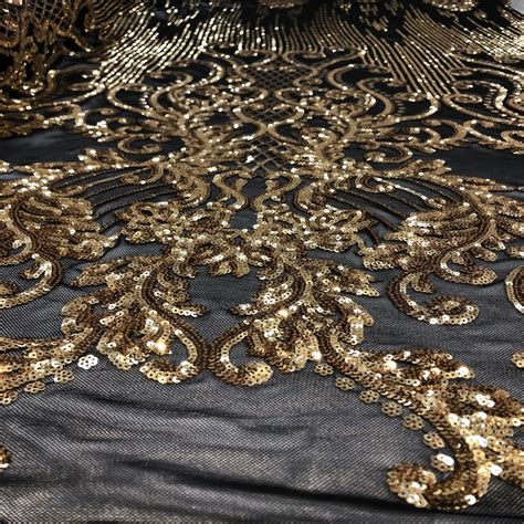 Black Gold Alta Striped Damask Sequins Wedding Prom Lace Fabric