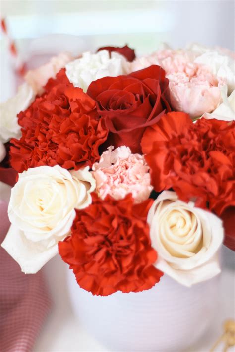 Red White And Pink Rose And Carnation Flower Bouquet Arrangement For