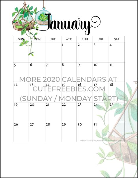 January 2020 Calendar Printable Plants Cute Freebies For You