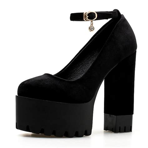 Black Velvet Punk Rock Thick Chunky Sole High Heels Mary