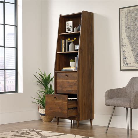 Two Drawer Mid Century Modern Narrow Bookcase In Grand Walnut Mathis