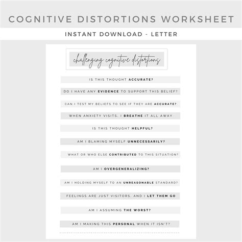 Challenging Cognitive Distortions Worksheet Mental Health Etsy Canada