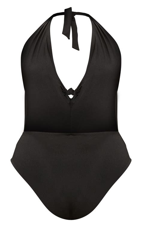 Plus Black Plunge Twist Detail Swimsuit Prettylittlething Usa