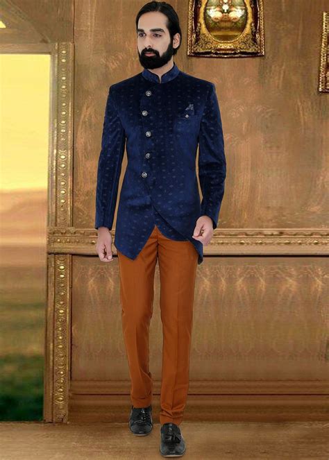 Navy Blue Velvet Asymmetric Bandhgala Jodhpuri Suit Latest 571mw04