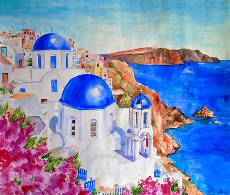 Santorini Painting Large Watercolor Painting Greece Etsy