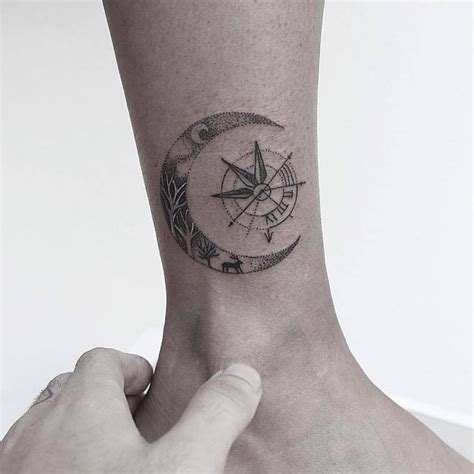 Dot Work Style Crescent Moon And Compass Tattoo By Carlo Crescent
