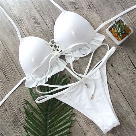 White Swimwear Women Push Up Padded Bra Bandage Lace Up Bikini Set