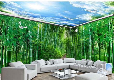 3d Huge Bamboo Forest Blue Sky Entire Room Wallpaper Wall