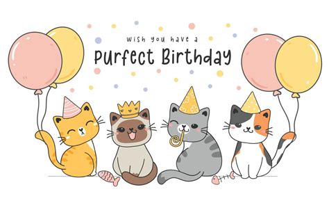 Group Of Four Cute Happy Birthday Kitty Cats With Pastel Balloons Cute