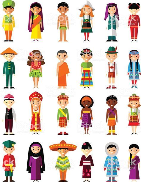 Set Of International People In Traditional Costumes Around The World In