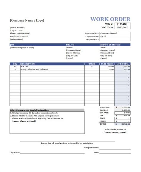 Work Order Template Excel Free Letter Templates