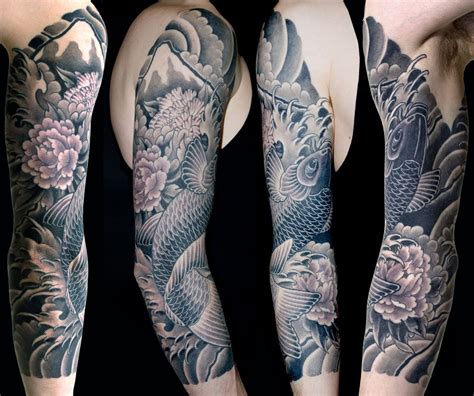 Black And Grey Flowers Japanese Koi Sleeve Tattoo Slave To