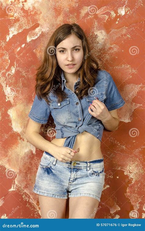 Cheerful Young Teen Girl In Denim Shorts Stock Photo Image Of Asian