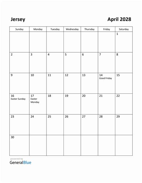 Free Printable April 2028 Calendar For Jersey