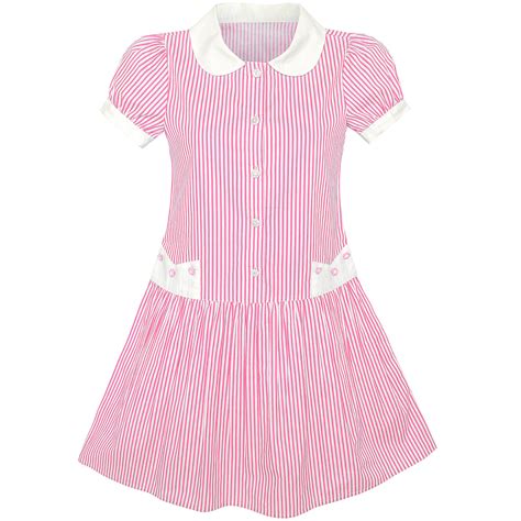 Girls Dress Pink White Stripe Collar School Short Sleeve Sunny Fashion