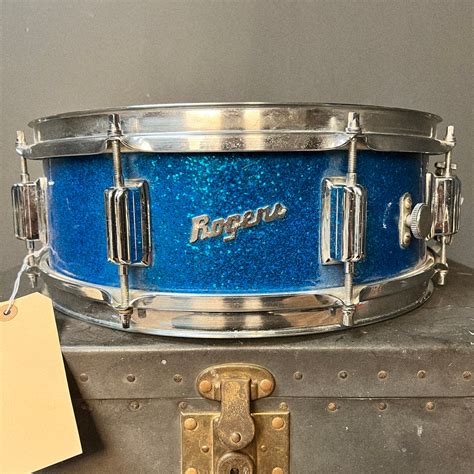 Vintage 1960s Rogers 5x14 Powertone Snare Drum In Blue Sparkle