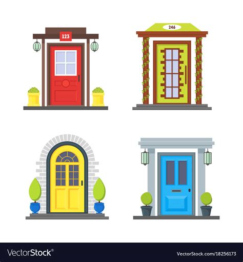 Cartoon Color Front Door Of House Icon Set Vector Image