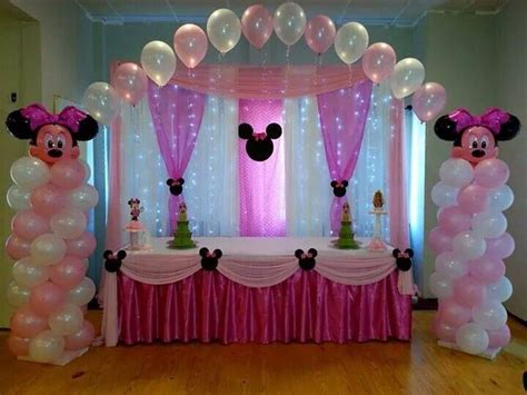 Globos Decoracion De Minnie Bebe Para Cumpleaños De 1 Año Sencillo