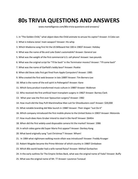 Free Printable 80's Trivia Questions And Answers Printable
