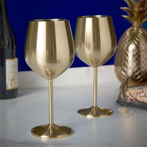 Vonshef Gold Wine Glasses Shatterproof Stainless Steel Set Of 2 Wine Glasses
