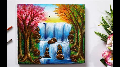 Step By Step Waterfall Landscape Painting For Beginners Waterfall