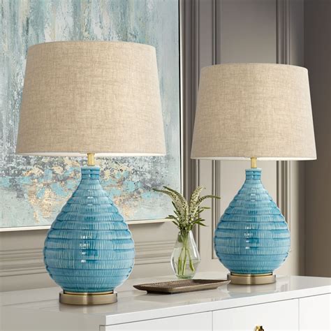 360 Lighting Modern Table Lamps Set Of 2 Coastal Ceramic Sky Blue Glaze