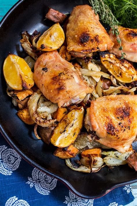 Meyer Lemon Roasted Chicken Thighs Fennel And Sweet Potatoes