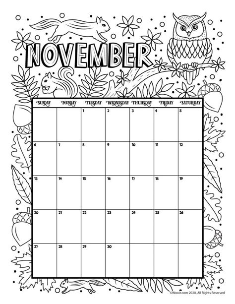 The November Calendar With An Owl And Flowers On It In Black And White Ink