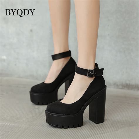 byqdy gothic women mary jane platform pumps ankle strap thick 13cm round chunky heel high heels