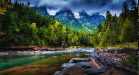 2317x1254 Mountain Clouds Forest River Trees Spring Green Nature
