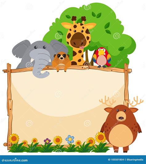 Wooden Frame With Wild Animals In Garden Stock Vector Illustration Of