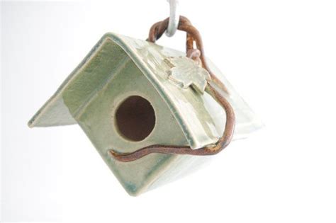 Bird Houseceramic Wren House With Leafy Accents Green Glaze Etsy