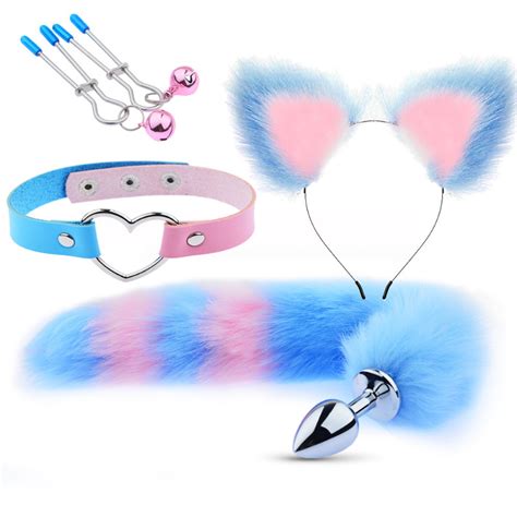 Cute Fox Tail Anal Plug Cat Ears Headbands Set Adult Games Nipple Clip