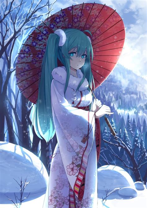 Vocaloid Hatsune Miku Forest Traditional Clothing Kimono Umbrella Long Hair Twintails