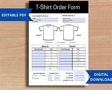 Tshirt Order Form For Small Business Editable Template PDF Etsy