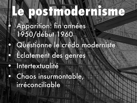 Maybe you would like to learn more about one of these? Le postmodernisme by Marie Gesseaume-Rioux