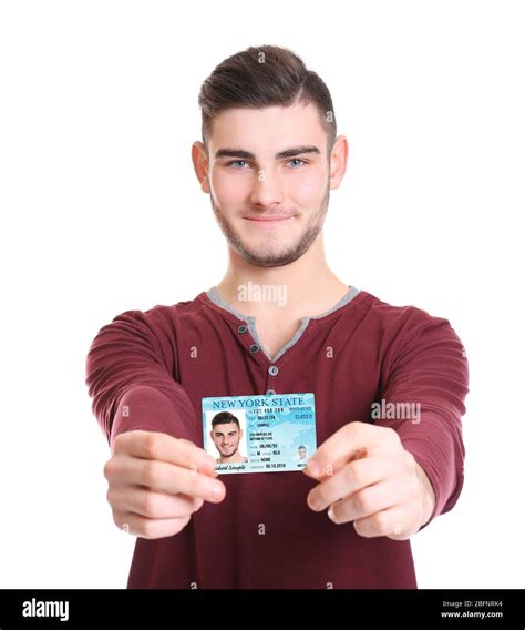 Man With Driving License On White Background Stock Photo Alamy