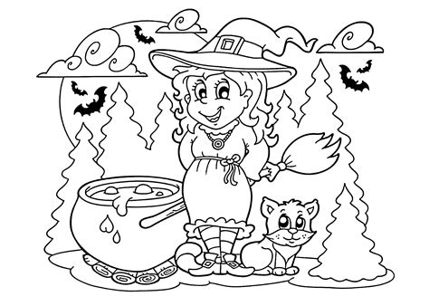 One such festival that kids await mostly is halloween. Halloween Witch and cat coloring page for kids, printable ...