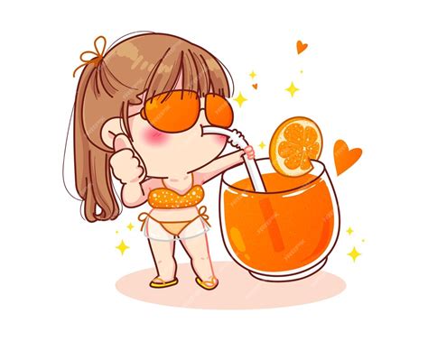 Free Vector Cute Girl In Bikini Standing And Sucking On Orange Juice
