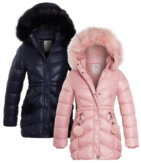Girls Padded Parka Coat Age 13 5 7 8 9 11 12 14 Years Jacket Faux Fur Pink Navy Ebay