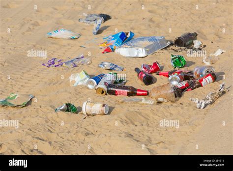 Litter Rubbish Left Behind On The Beach At Bournemouth Beach Stock
