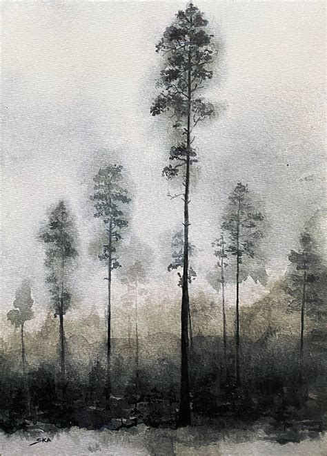 Misty Forest Watercolor Art Print Nordic Pine Trees Painting Etsy