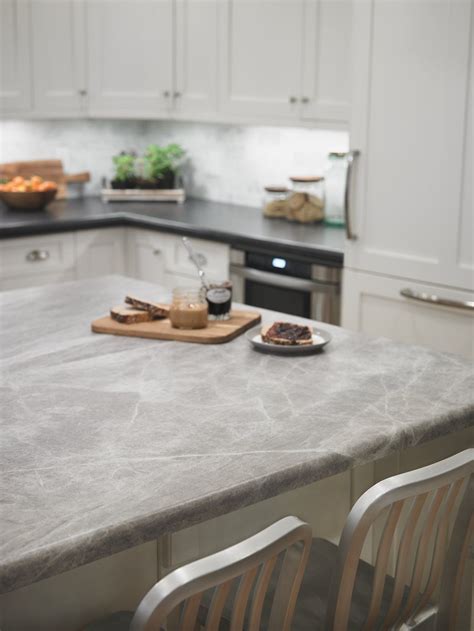 Soapstone island top with undermount stainless bar sink. Large kitchen with 180fx® laminate Soapstone Sequoia ...