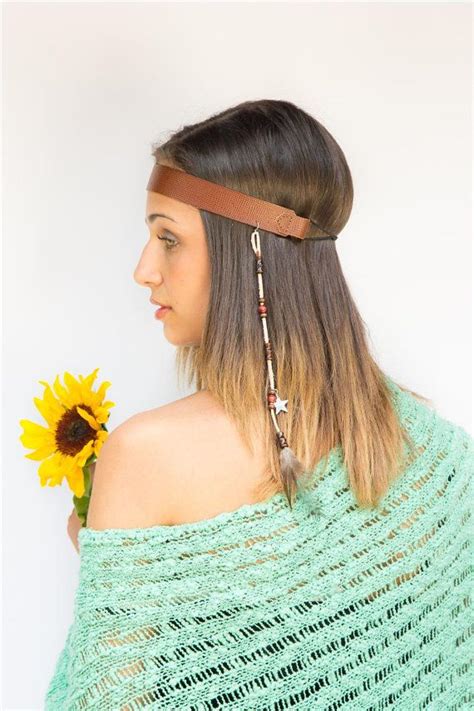 Brown Leather Hippie Headband With Feather Charm And Beads Boho Hippy