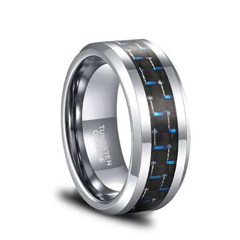 This tungsten men's wedding band is 8 millimeters wide and features a black carbon fiber inlay. Black and Blue Carbon Fiber Inlay High Polish Men's ...